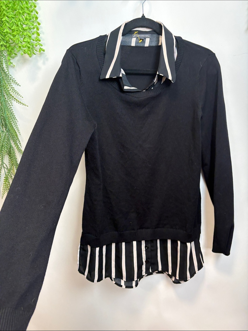 Adrianna Papell Black Sweater with Black-and-White Striped Shirt Detail
